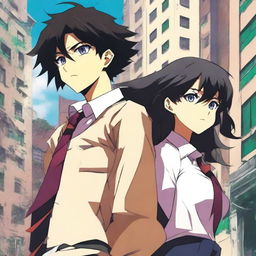 Create an anime-style cover showing a high school man and woman standing on opposite sides of a city with huge contrast colors