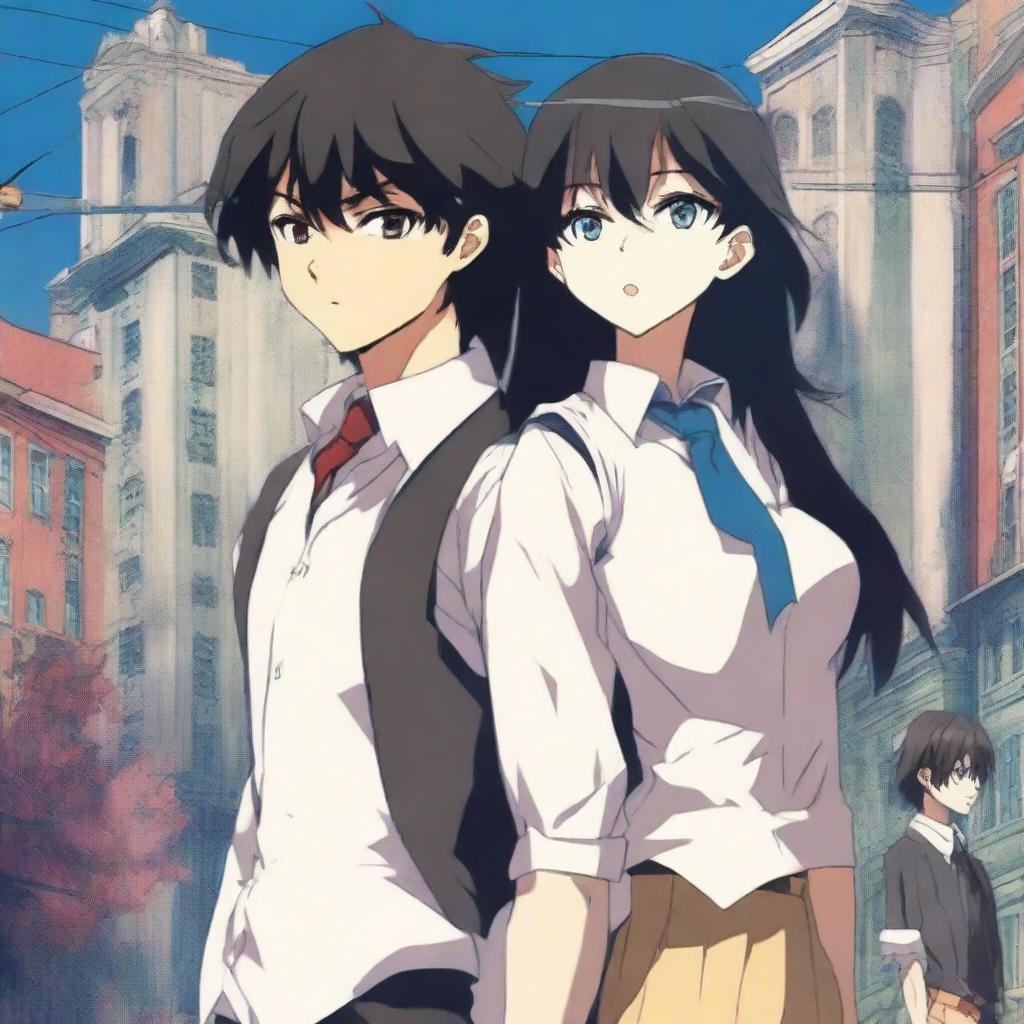 Create an anime-style cover showing a high school man and woman standing on opposite sides of a city with huge contrast colors