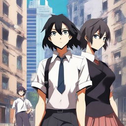 Create an anime-style cover showing a high school man and woman standing on opposite sides of a city with huge contrast colors