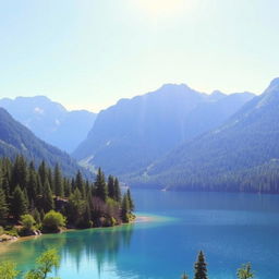 A beautiful serene landscape featuring a clear blue lake surrounded by lush green trees and mountains in the background under a bright sunny sky