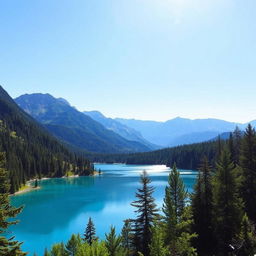 A beautiful serene landscape featuring a clear blue lake surrounded by lush green trees and mountains in the background under a bright sunny sky