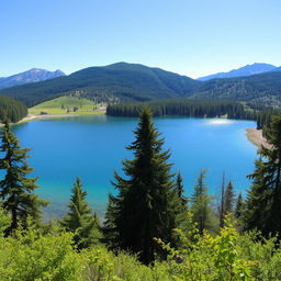 A beautiful serene landscape featuring a clear blue lake surrounded by lush green trees and mountains in the background under a bright sunny sky