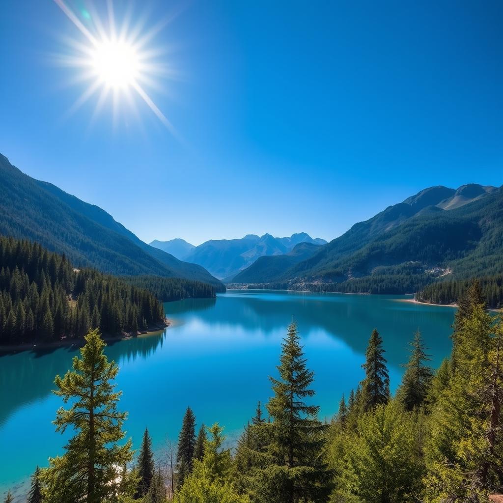 A beautiful serene landscape featuring a clear blue lake surrounded by lush green trees and mountains in the background under a bright sunny sky