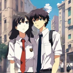 Create an anime-style cover showing a high school man and woman standing on opposite sides of a city with huge contrast colors