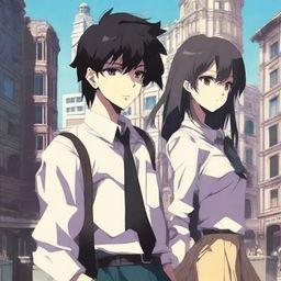 Create an anime-style cover showing a high school man and woman standing on opposite sides of a city with huge contrast colors