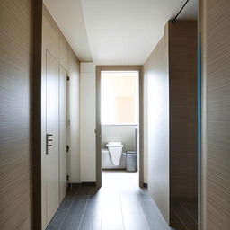 A modern interior design of a hallway leading into a room, with two adjacent washrooms.