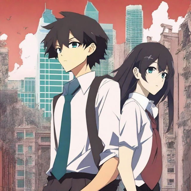 Create an anime-style cover showing a high school man and woman standing on opposite sides of a city with huge contrast colors