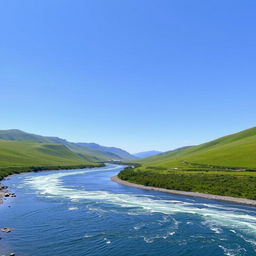 An image of a serene landscape with a clear blue sky, green rolling hills, and a sparkling river flowing through the middle