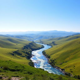 An image of a serene landscape with a clear blue sky, green rolling hills, and a sparkling river flowing through the middle