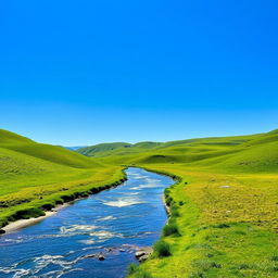 An image of a serene landscape with a clear blue sky, green rolling hills, and a sparkling river flowing through the middle