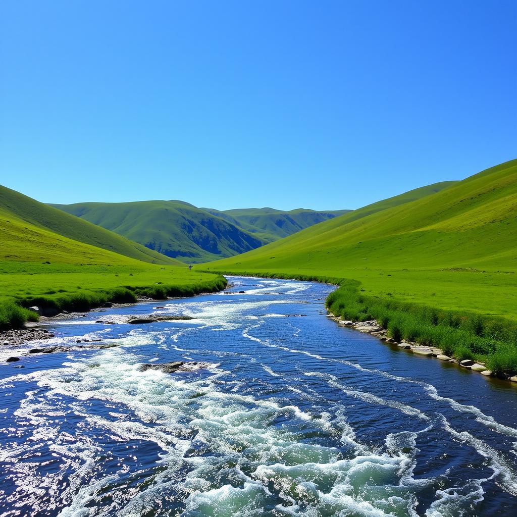 An image of a serene landscape with a clear blue sky, green rolling hills, and a sparkling river flowing through the middle