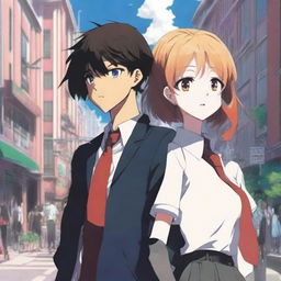 Create an anime-style cover showing a highschool man and woman standing on opposite sides of a city with huge contrast colors (dark on the man and bright on the woman), symbolizing a social divide