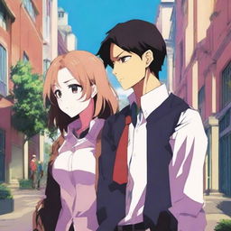 Create an anime-style cover showing a highschool man and woman standing on opposite sides of a city with huge contrast colors (dark on the man and bright on the woman), symbolizing a social divide