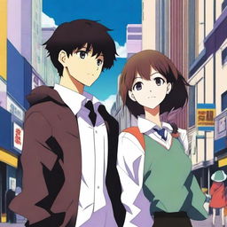 Create an anime-style cover showing a highschool man and woman standing on opposite sides of a city with huge contrast colors (dark on the man and bright on the woman), symbolizing a social divide