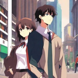 Create an anime-style cover showing a highschool man and woman standing on opposite sides of a city with huge contrast colors (dark on the man and bright on the woman), symbolizing a social divide