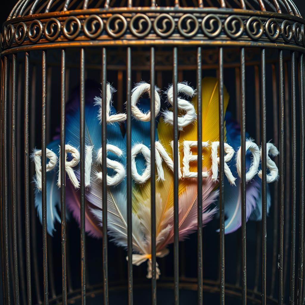 Create an image that shows the text 'LOS PRISIONEROS' written with feathers, enclosed inside a cage