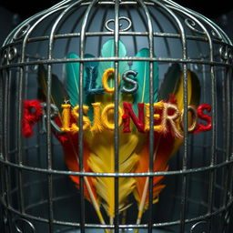 Create an image that shows the text 'LOS PRISIONEROS' written with feathers, enclosed inside a cage