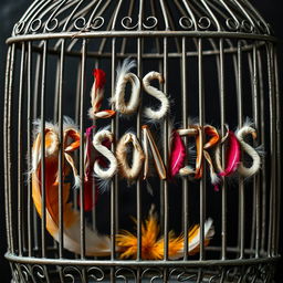 Create an image that shows the text 'LOS PRISIONEROS' written with feathers, enclosed inside a cage