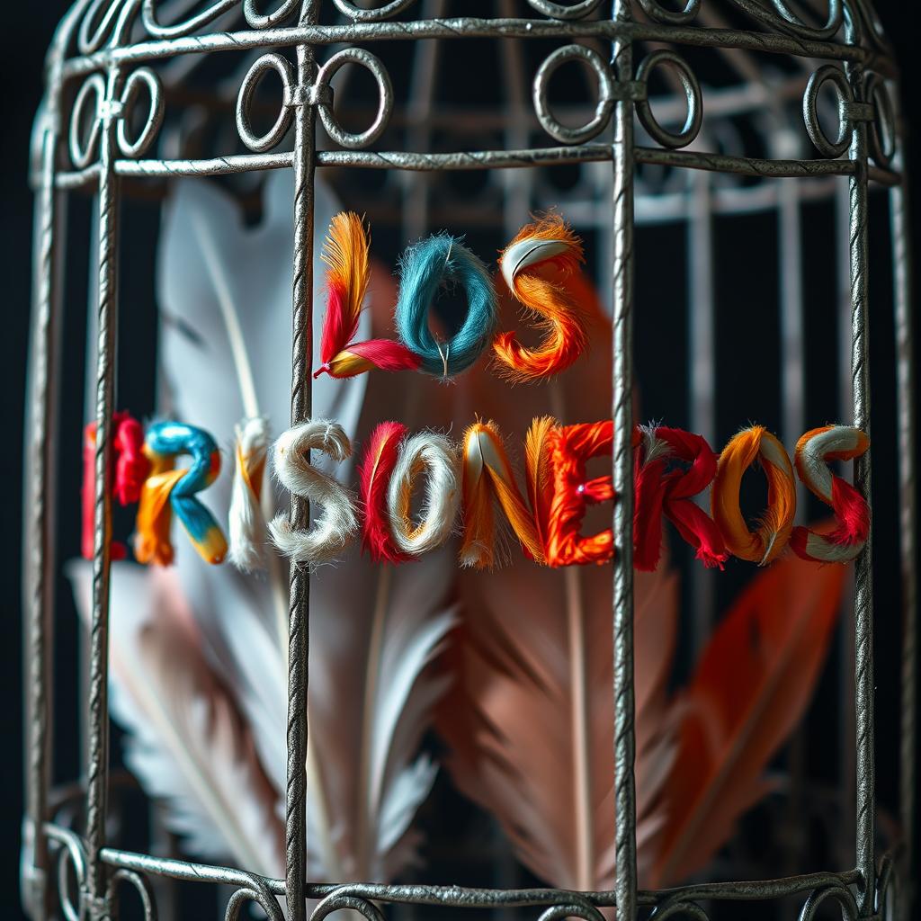 Create an image that shows the text 'LOS PRISIONEROS' written with feathers, enclosed inside a cage