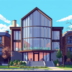 Create a pixel art scene of a house in Chicago using the modern method of designing large buildings with curtain walls, large glazed wall areas, and an orthogonal iron structure