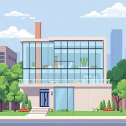 Create a pixel art scene of a house in Chicago using the modern method of designing large buildings with curtain walls, large glazed wall areas, and an orthogonal iron structure