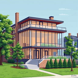 Create a pixel art scene of a house in Chicago using the modern method of designing large buildings with curtain walls, large glazed wall areas, and an orthogonal iron structure