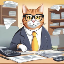 A whimsical illustration of a cat dressed as an accountant