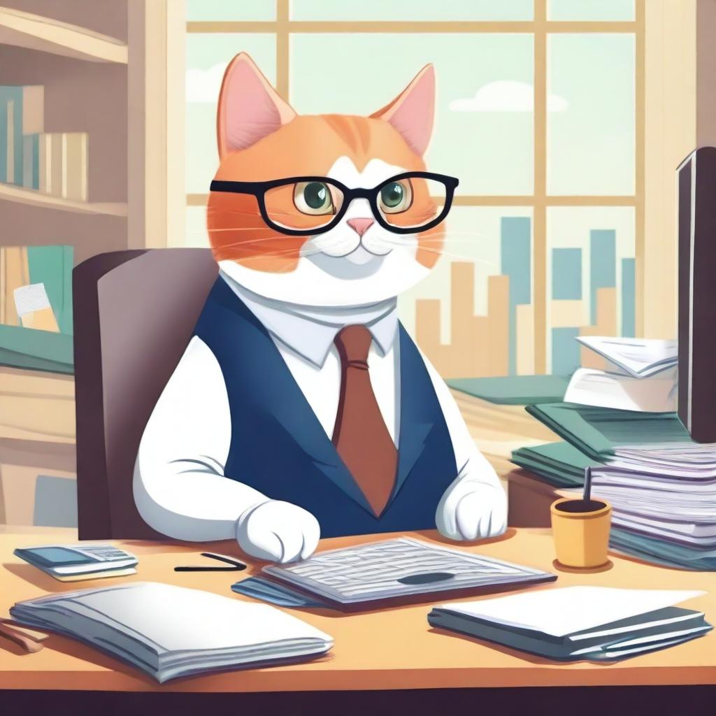 A whimsical illustration of a cat dressed as an accountant