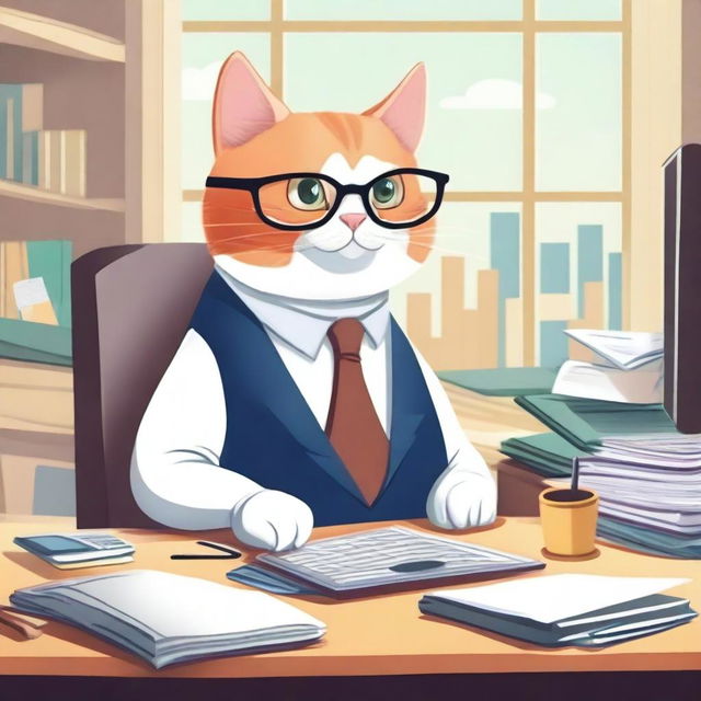 A whimsical illustration of a cat dressed as an accountant