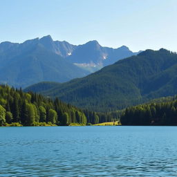 A beautiful landscape featuring a serene lake surrounded by lush green trees and mountains in the background under a clear blue sky