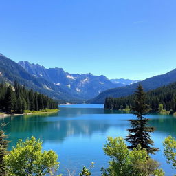 A beautiful landscape featuring a serene lake surrounded by lush green trees and mountains in the background under a clear blue sky