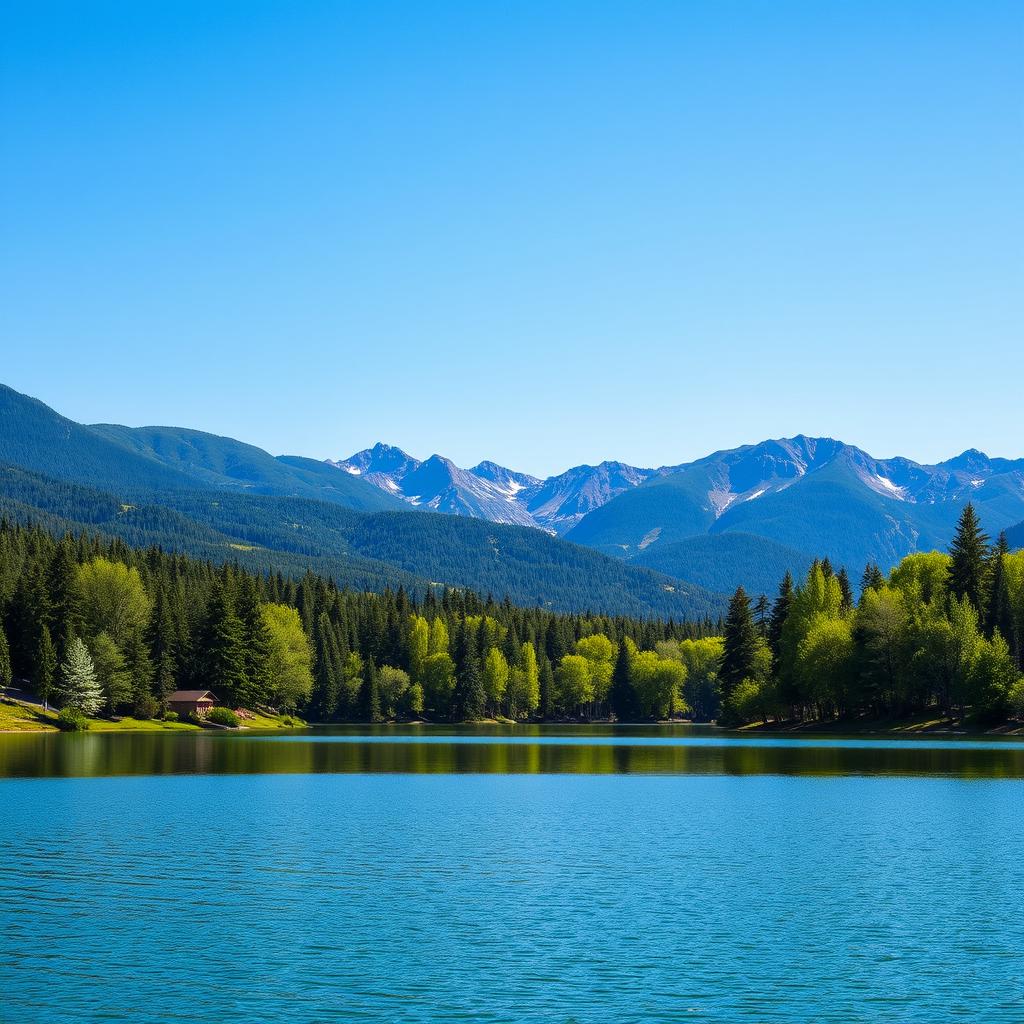 A beautiful landscape featuring a serene lake surrounded by lush green trees and mountains in the background under a clear blue sky