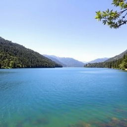 A beautiful landscape featuring a serene lake surrounded by lush green trees and mountains in the background under a clear blue sky