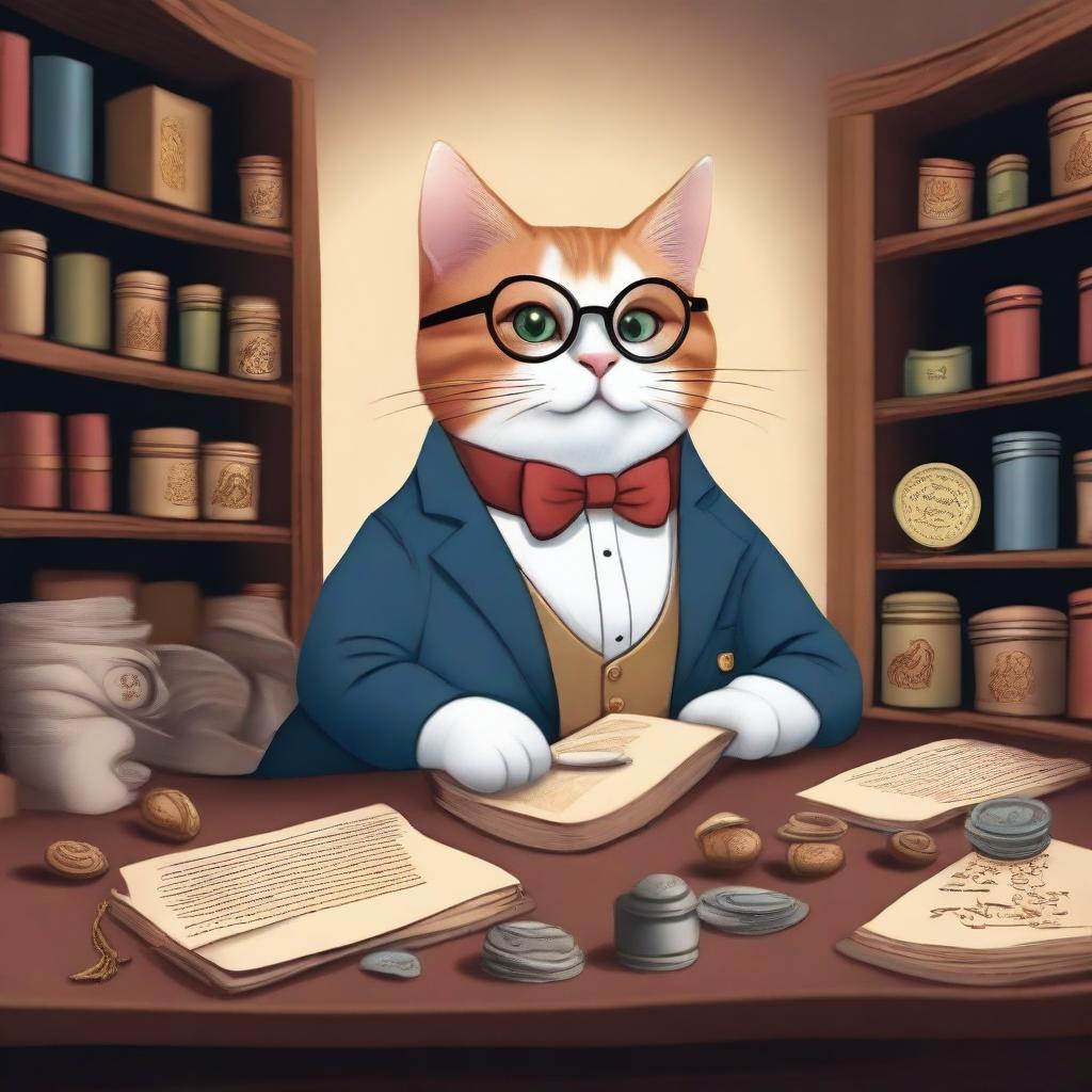 A whimsical illustration of a cat accountant in a fantasy setting