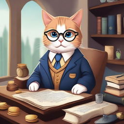 A whimsical illustration of a cat accountant in a fantasy setting