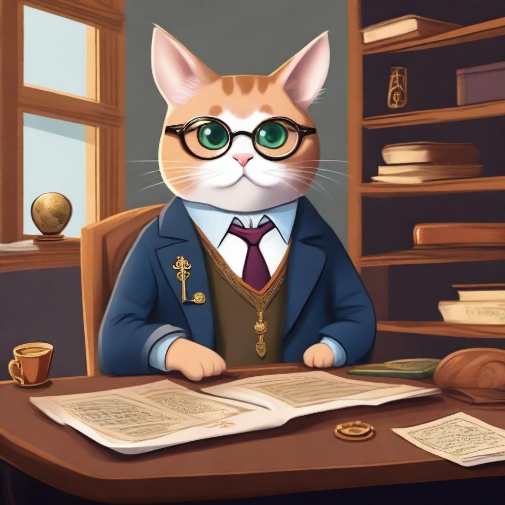 A whimsical illustration of a cat accountant in a fantasy setting