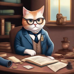 A whimsical illustration of a cat accountant in a fantasy setting