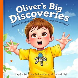 Create a book cover featuring a 5-year-old boy named Oliver, shown from the waist up