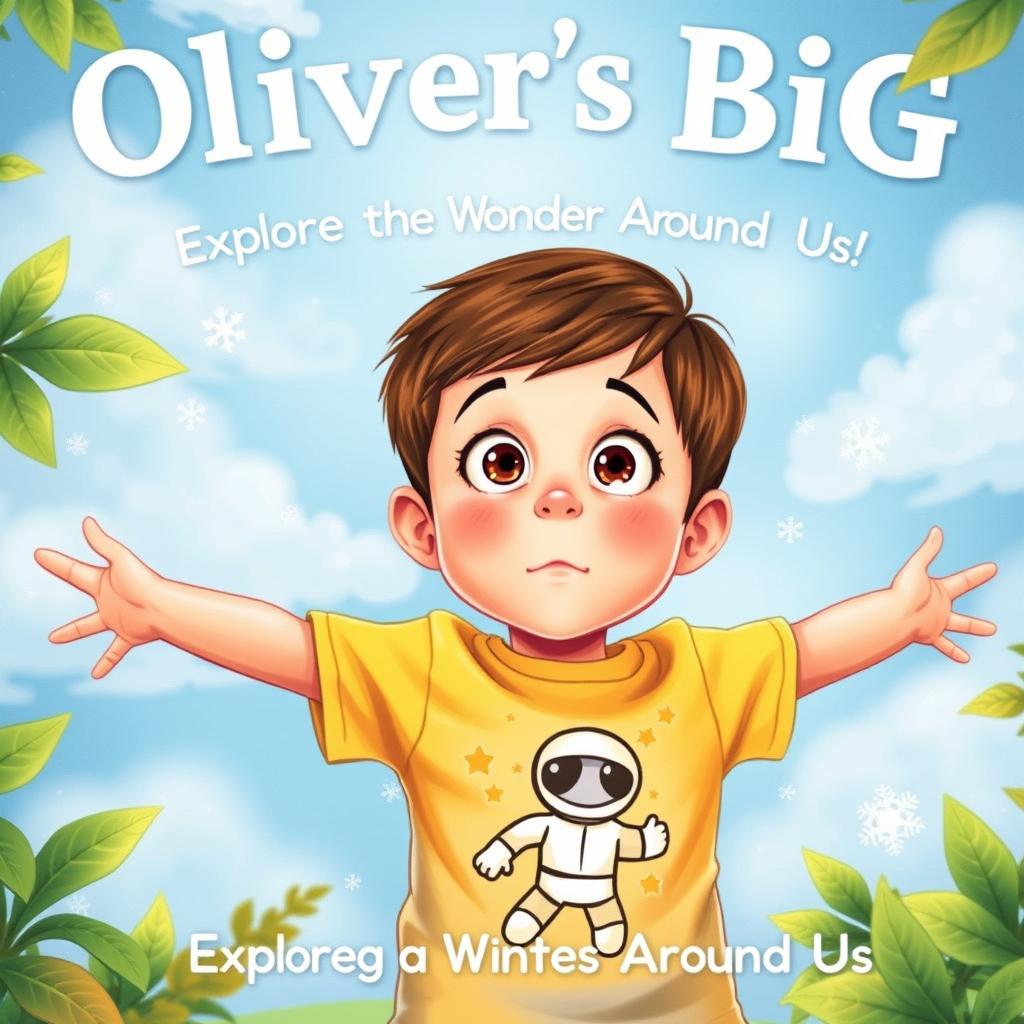 Create a book cover featuring a 5-year-old boy named Oliver, shown from the waist up