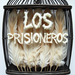The text 'LOS PRISIONEROS' written with feathers, enclosed in a cage