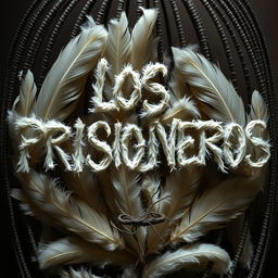 The text 'LOS PRISIONEROS' written with feathers, enclosed in a cage