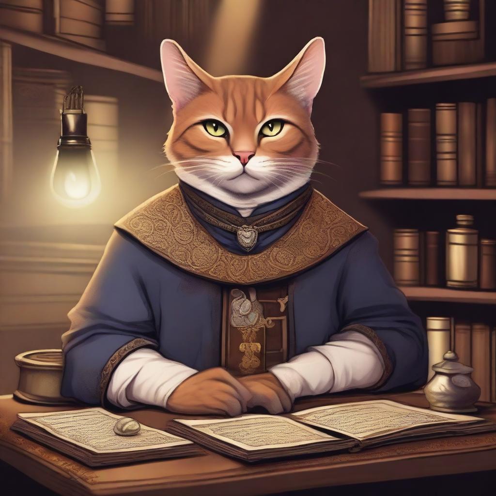 A detailed illustration of a Tabaxi accountant in a fantasy setting