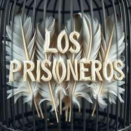 The text 'LOS PRISIONEROS' written with feathers, enclosed in a cage