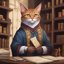 A detailed illustration of a Tabaxi accountant in a fantasy setting