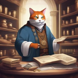 A detailed illustration of a Tabaxi accountant in a fantasy setting