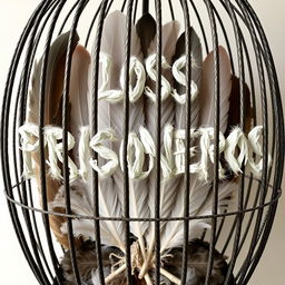 The text 'LOS PRISIONEROS' written with feathers, enclosed in a cage