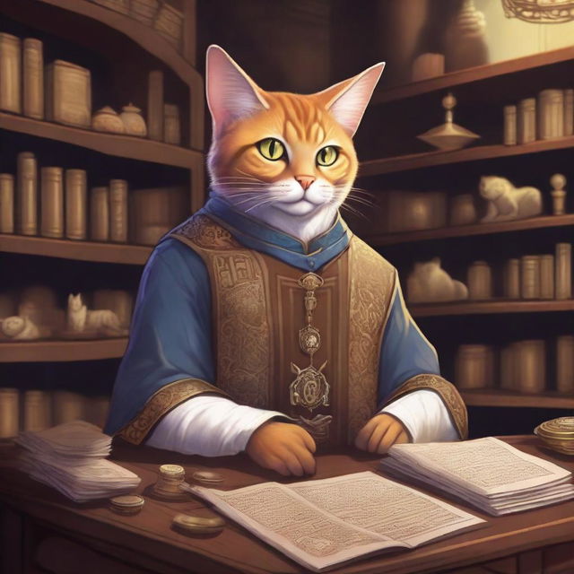 A detailed illustration of a Tabaxi accountant in a fantasy setting