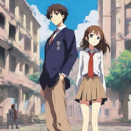 Create an anime-style cover showing a highschool man and woman standing on opposite sides of a city with huge contrast colors