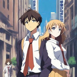 Create an anime-style cover showing a highschool man and woman standing on opposite sides of a city with huge contrast colors