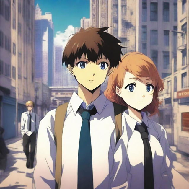 Create an anime-style cover showing a highschool man and woman standing on opposite sides of a city with huge contrast colors